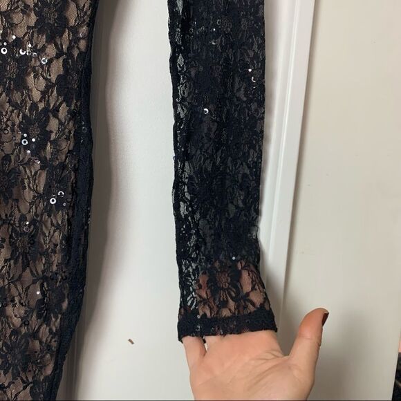 Twenty One black lace one-sleeved dress with sheer lace sleeve and tan liner - Picture 7 of 8